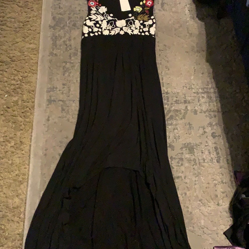 New Caite long black embroidery dress high low hem soft cotton size xl